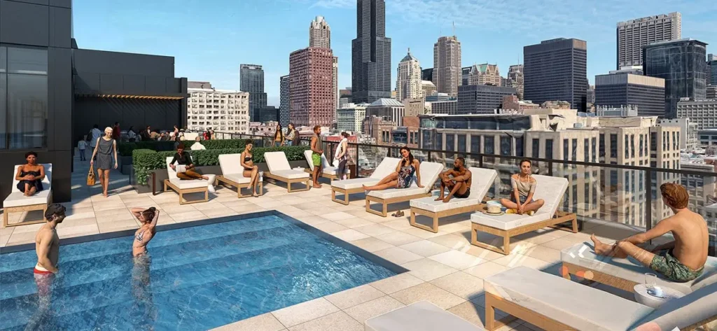 Residents enjoying the rooftop pool at 626 on The Park